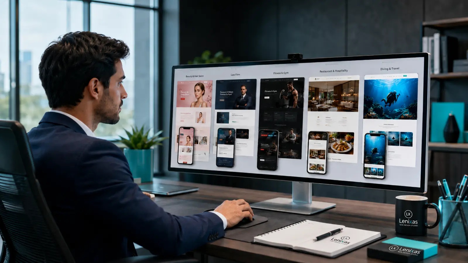 Profesional comparando proyectos de páginas web para distintos sectores antes de elegir una empresa de diseño web