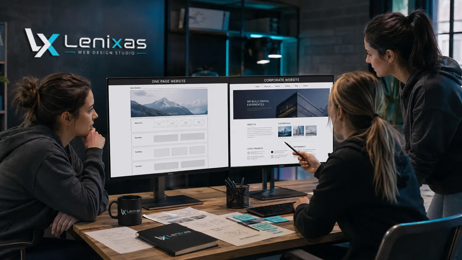 Equipo de diseño web comparando una página One Page con una web corporativa para elegir la mejor opción