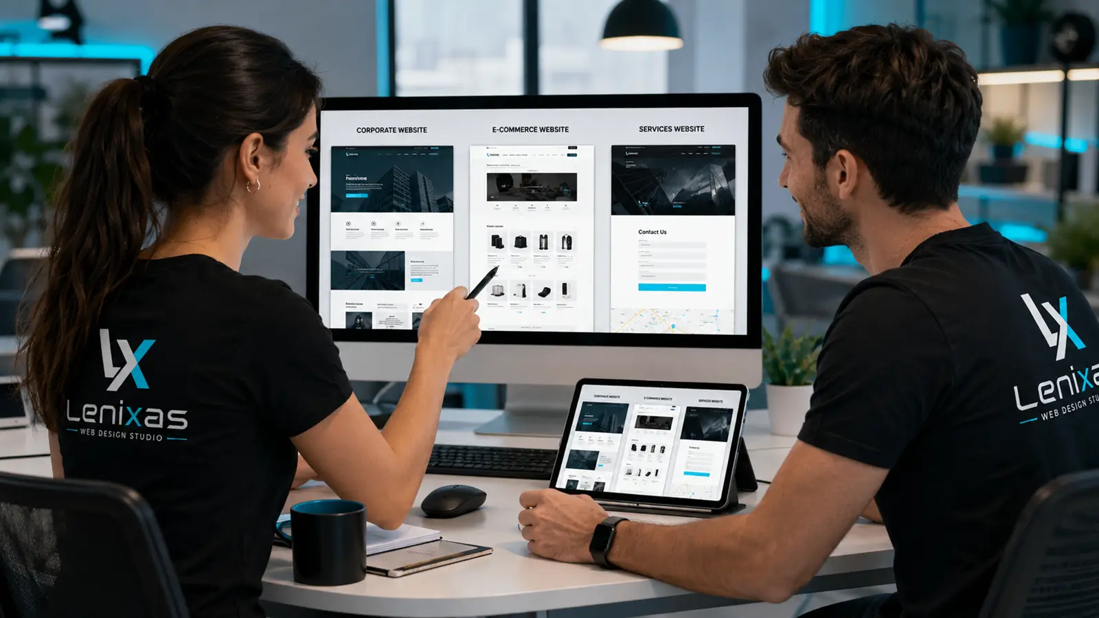 Profesionales comparando una web corporativa, una tienda online y una página de servicios para elegir la mejor opción para un negocio