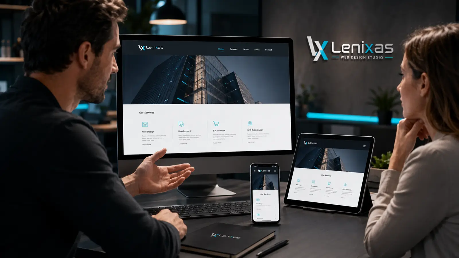 Empresa de diseño web presentando a una clienta una página responsive en ordenador, tableta y teléfono móvil