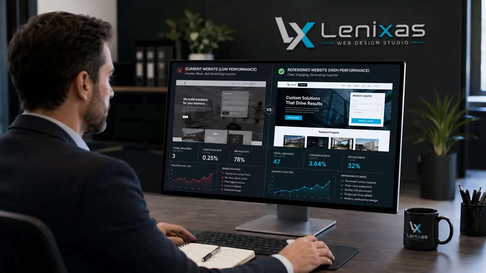 Comparación entre una página web de bajo rendimiento y una web rediseñada para generar más consultas