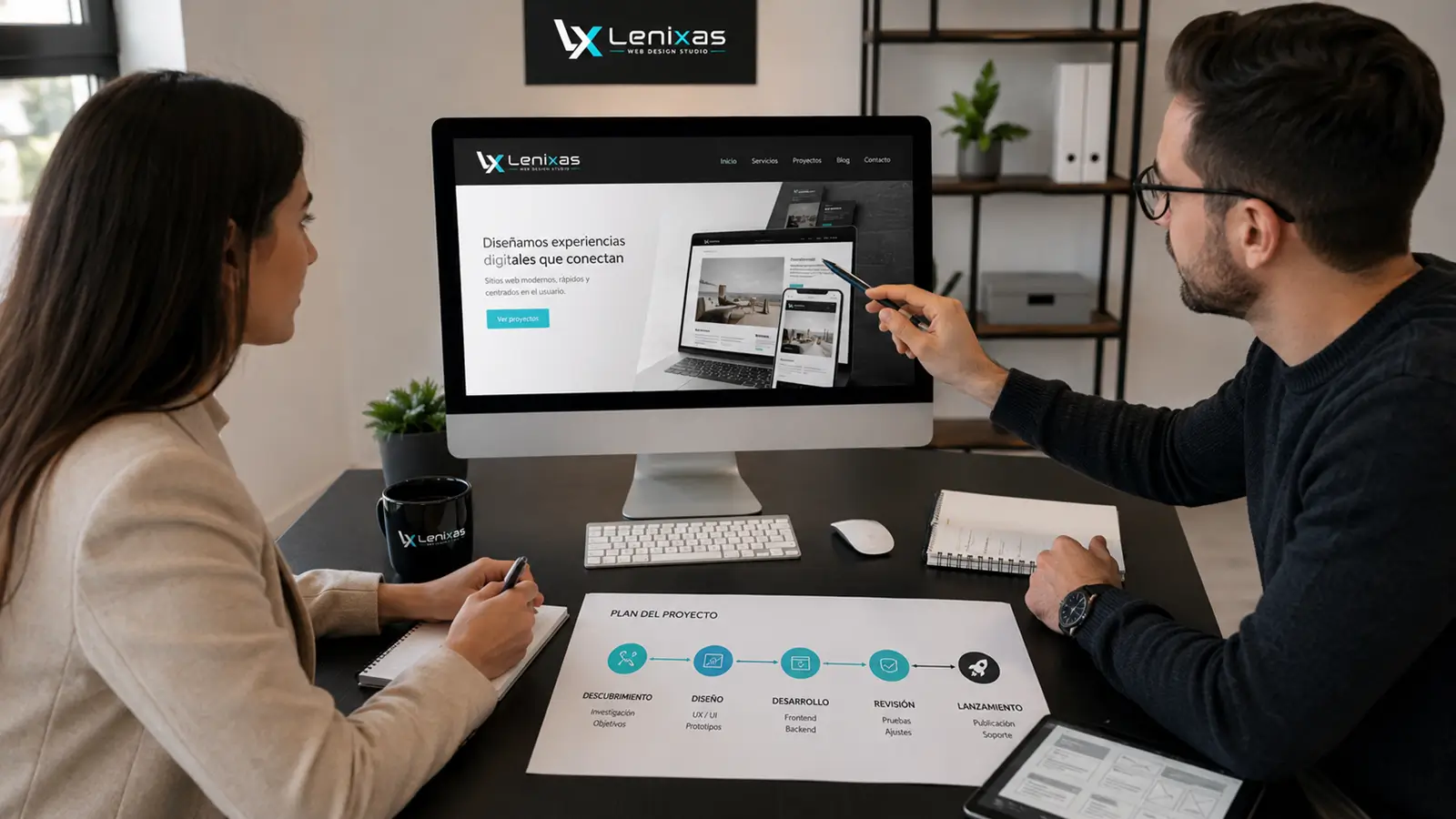 Reunión entre una clienta y una empresa de diseño web para revisar la página y el plan del proyecto